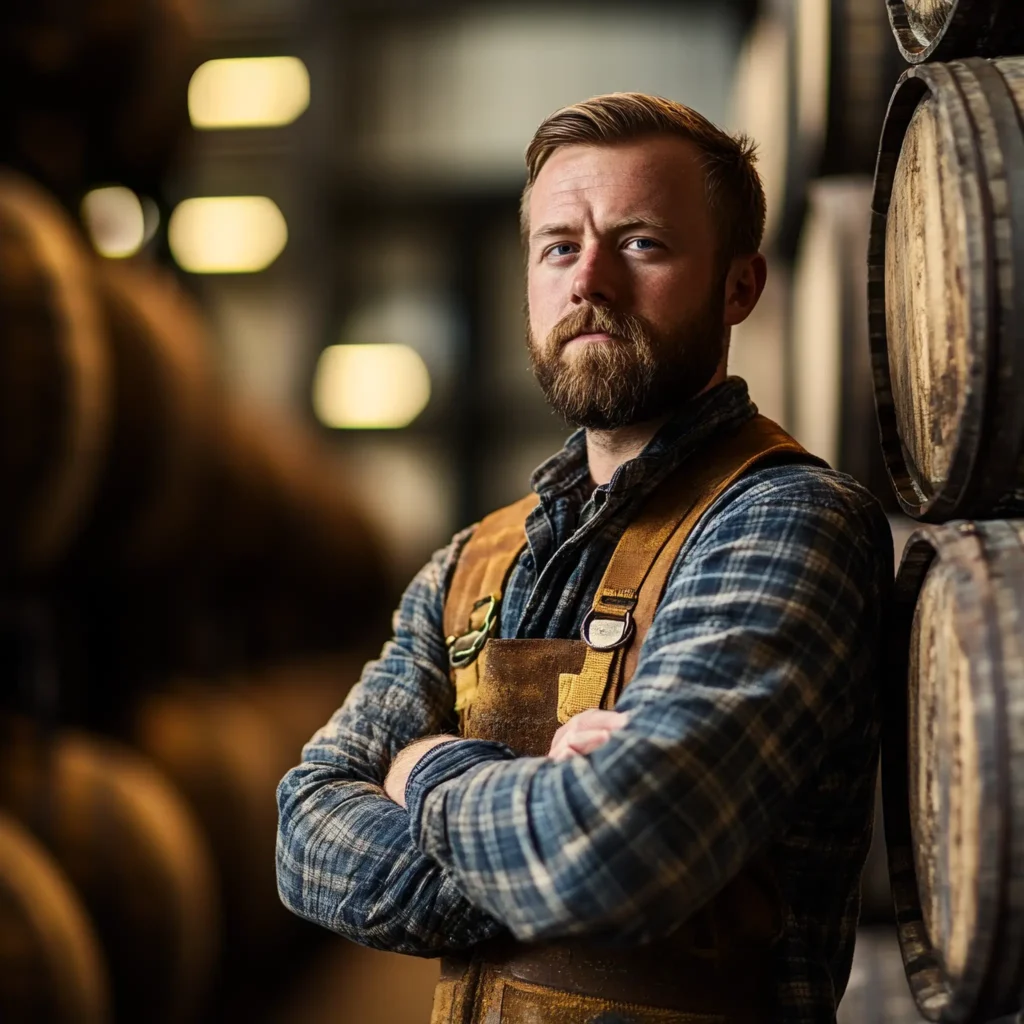 Profesjonalny portret mistrza whisky w destylarni pośród beczek