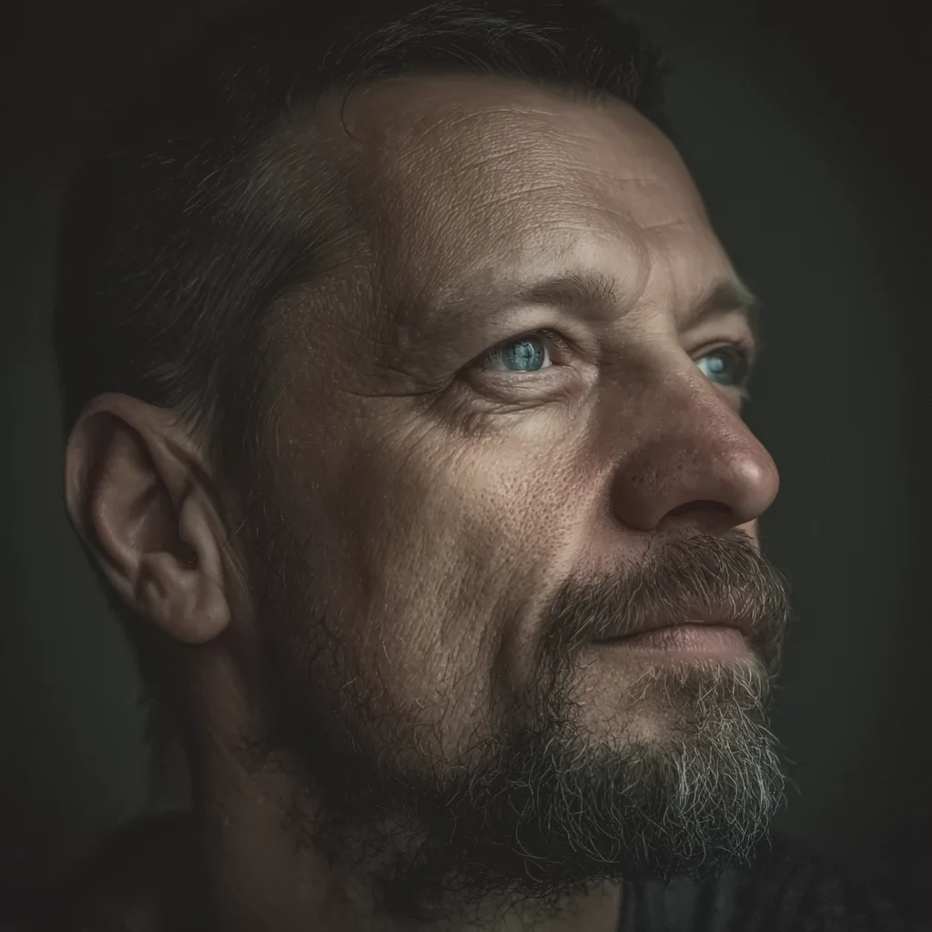 Fotografia portretowa mężczyzny, oczy skupione na myśleniu