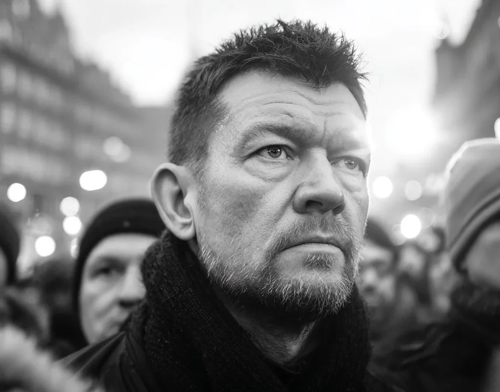 Portret mężczyzny w tłumie, zdjęcie czarno białe